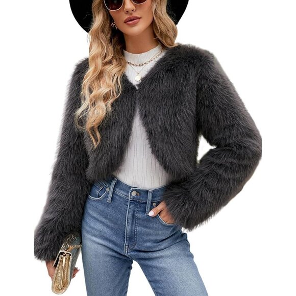 Women's Grey Gihuo Cropped Faux Fur Coat Open Front Fleece Winter Jacket